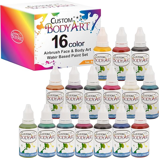 Custom Body Art Set of 16 Colors 1-oz Bottles of Water Based Face-Body Airbrush Colors