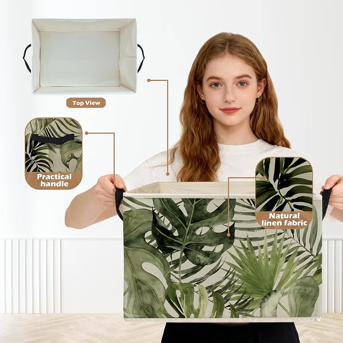 Boho Tropical Botanical Storage Box Bins, Green Monstera Palm Plant Leaf Collapsible Storage Basket Organizer for Bedroom Laundry Room Home Clothes Books, Decor for Room