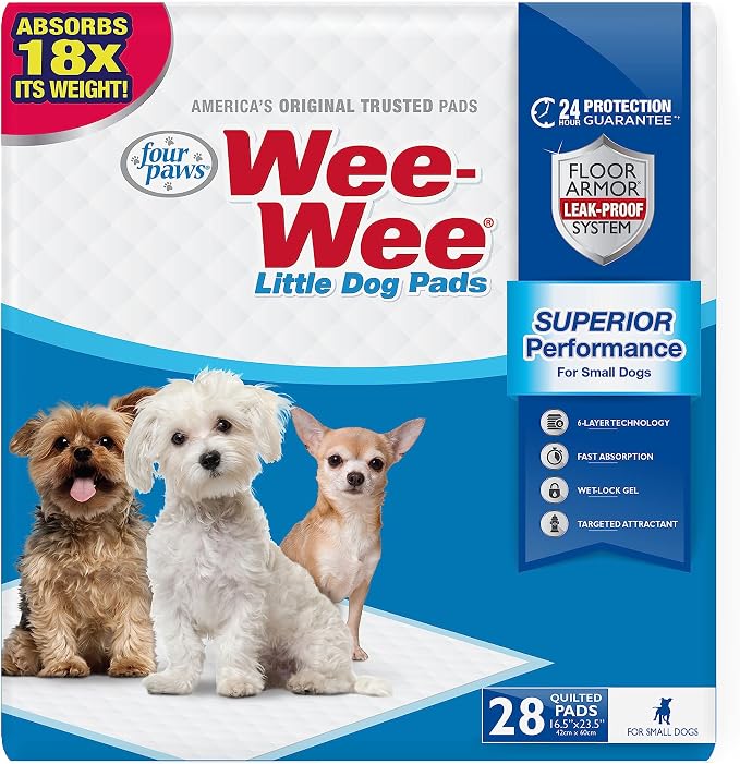 Four Paws Wee-Wee Superior Performance Little Dog Pee Pads, 28 Count | Quilted leak-proof puppy pads, dog housebreaking & potty training, 24-hour floor protection, for small dogs, 16.5" x 23.5"