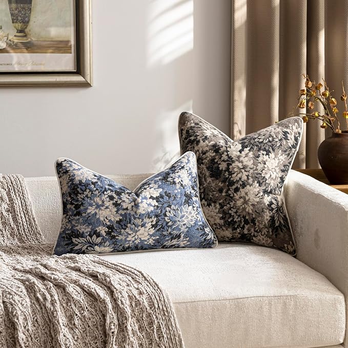 Pack of 2 Vintage Floral Throw Pillow Covers 20x20 Boho Farmhouse Accents Chenille Square Decorative Pillow Cases for Living Room Couch Bed Home Decor, Taupe