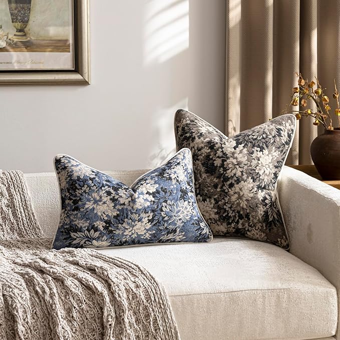 Pack of 2 Vintage Floral Throw Pillow Covers 16x16 Boho Farmhouse Accents Chenille Square Decorative Pillow Cases for Living Room Couch Bed Home Decor, Taupe