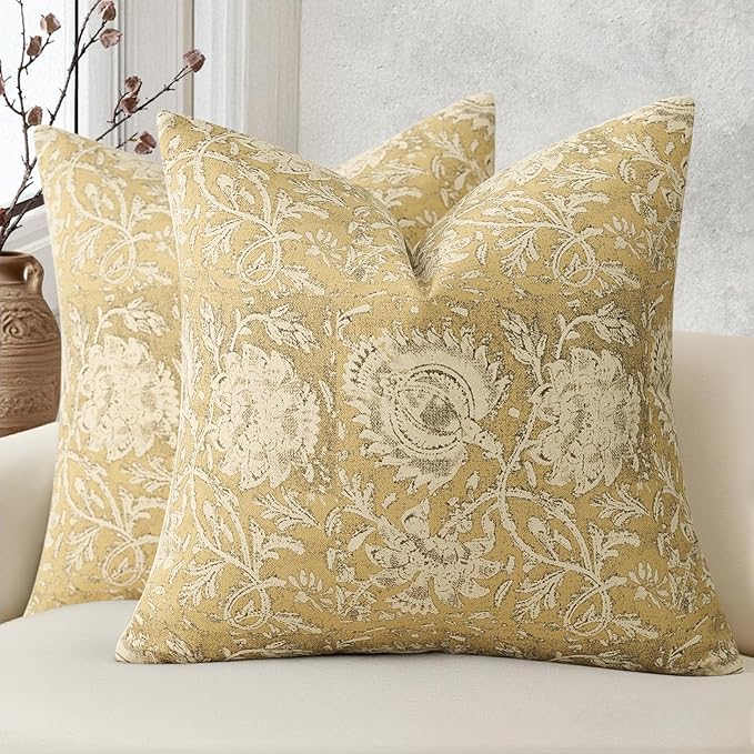 Vintage Floral Print Throw Pillow Covers 20x20 Set of 2 Neutral Modern Farmhouse Pillowcases Accent Decorative Cushion Covers Boho Home Decor for Couch Sofa Chair Bed Living Room, Yellow