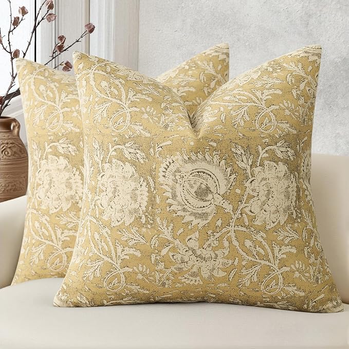 Vintage Floral Print Throw Pillow Covers 16x16 Set of 2 Neutral Modern Farmhouse Pillowcases Accent Decorative Cushion Covers Boho Home Decor for Couch Sofa Chair Bed Living Room, Yellow