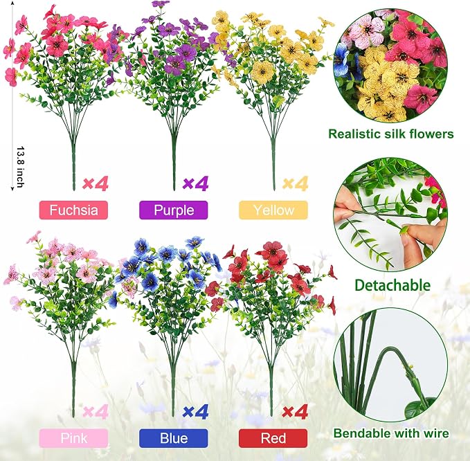 24 Pcs Artificial Flowers for Outdoors Decorations, Multicolor | Colorful lifelike flowers, UV resistant, faux plastic plants, for garden porch window table vase home indoor outdoor decor