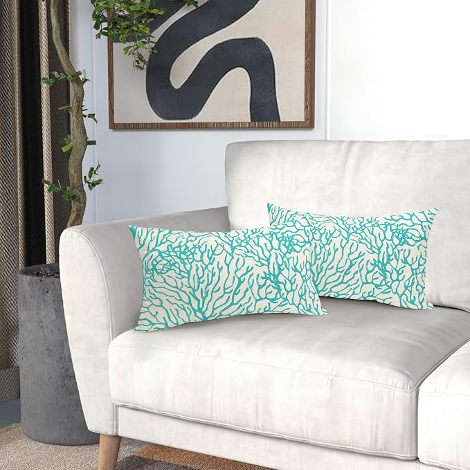 Nautical Coastal Coral Lumbar Pillow Covers 12x20 Inch Set of 2 Summer Ocean Beach Teal Turquoise Decorative Pillow Cases Outdoor Linen Cushion Cover Farmhouse Decor for Bedroom Home Sofa Couch Bed
