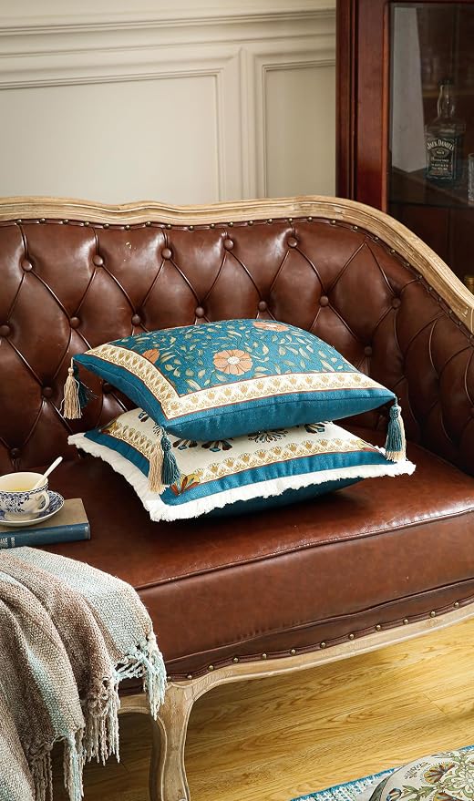 patdrea Designer Vintage Linen Throw Pillow Cover,18"x18"-Wensel A | Decorative Pillow Case,Teal Floral Pattern,Pillow Cover for Couch Living Room Bedroom Sofa,Fringe Trim