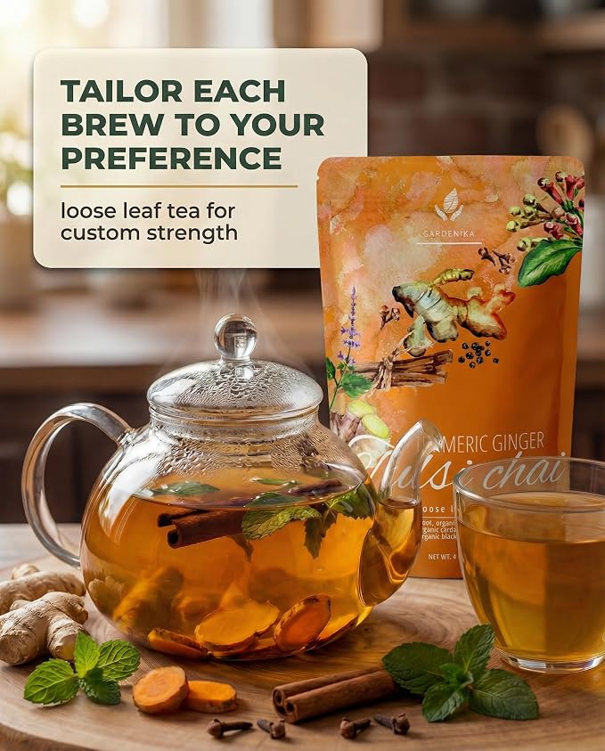 Organic Turmeric Ginger Tulsi Chai Tea | Loose Leaf | Ayurvedic Superfood Blend | Herbal and Caffeine-Free | 55+ Cups | KSA Kosher | 4 oz