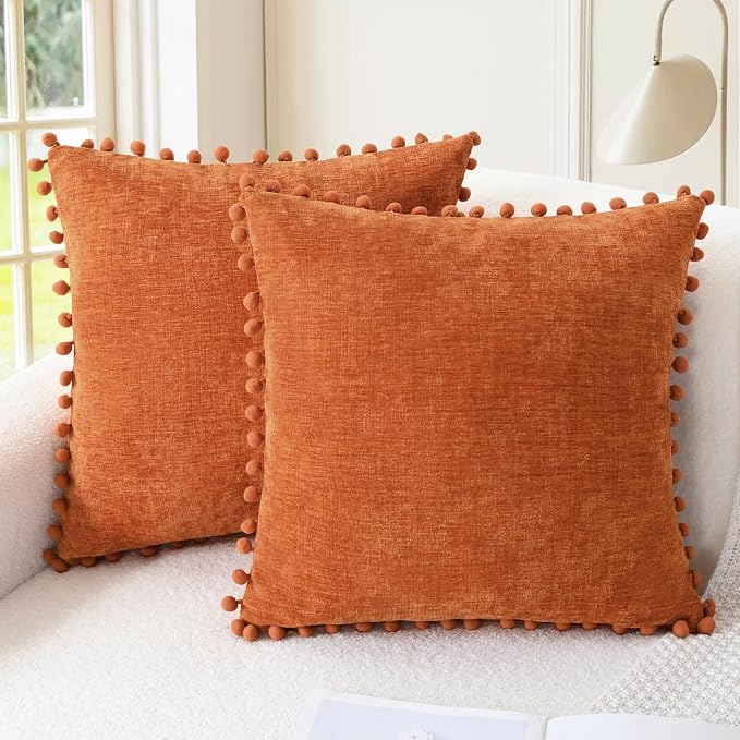 CaliTime Fall Decorative Throw Pillow Covers 22 X 22 Inches Burnt Orange | Pack of 2, Cozy Chenille Cushion Cases, with Pom Poms for Sofa Bed Living Room Farmhouse Home
