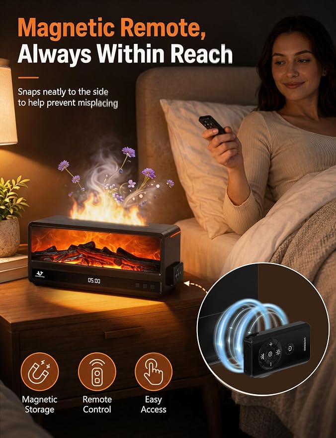 Essential Oil Diffuser for Bedroom, 250ml Aromatherapy Diffuser with Flame Effect, Remote Control, 7 Color LED Lights, Quiet Mist for Home Office and Living Room (Black)