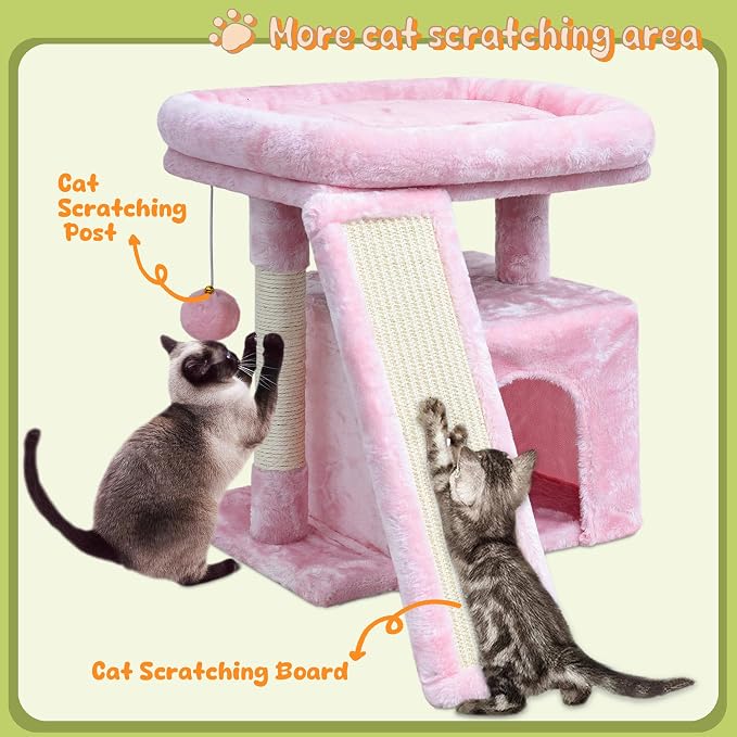 Small Pink Cat Tree for Indoor Cats, Cute Cat Tower with Perch, Condo, House and Stable Stand for Kittens & Adult Pets（Pink）