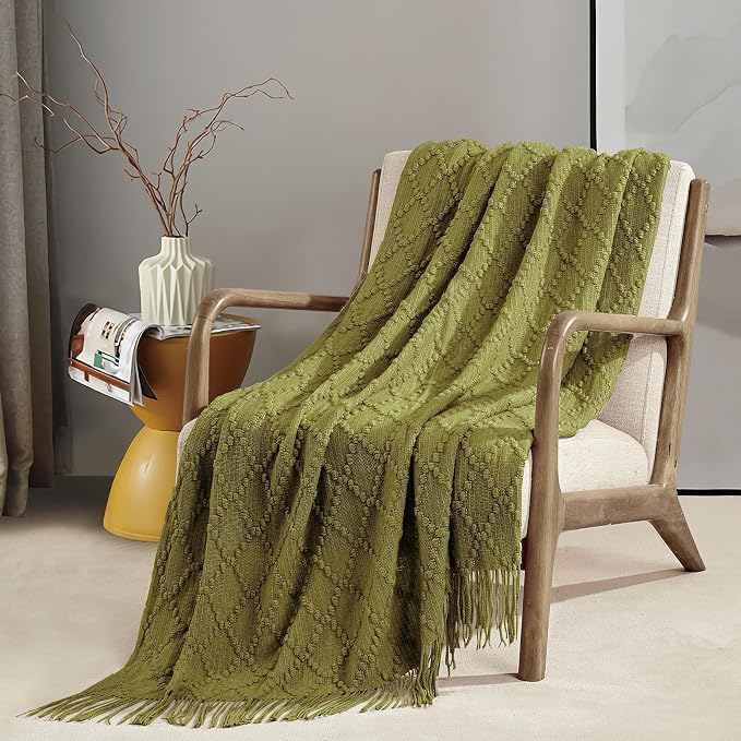 BOURINA Olive Throw Blanket 50 x70 Inch Jacquard Throw Knitted Blanket | Jacquard Argyle Throw Textured Solid Soft Throws and Blankets for Sofa or Bed Knitted Decorative Blanket