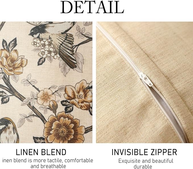 Vintage Linen Square Throw Pillow Cover,Set of 2,18"x18"-Murad A | Designer French Decor Pillow Cover,Concealed Zipper Design,Floral and Bird Pattern,Sofa,Bedroom,Living Room,Lounge Chairs