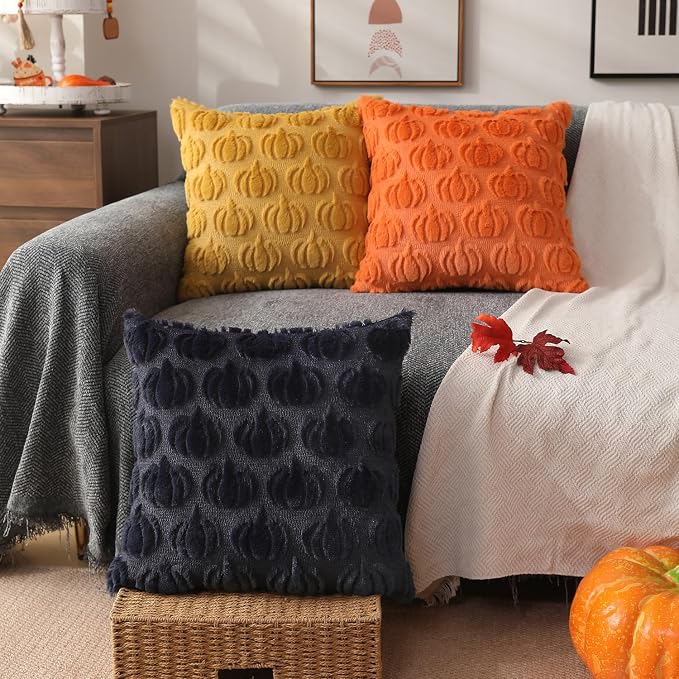 DFXSZ Fall Pillow Covers 16x16 2Pcs Navy Blue Pumpkin Fall Decorations | Fall decor Set of 2 Throw Pillow Cases Soft Plush Faux Fur Wool Couch Cushion for Chair Sofa Bedroom Living Room Home Decor