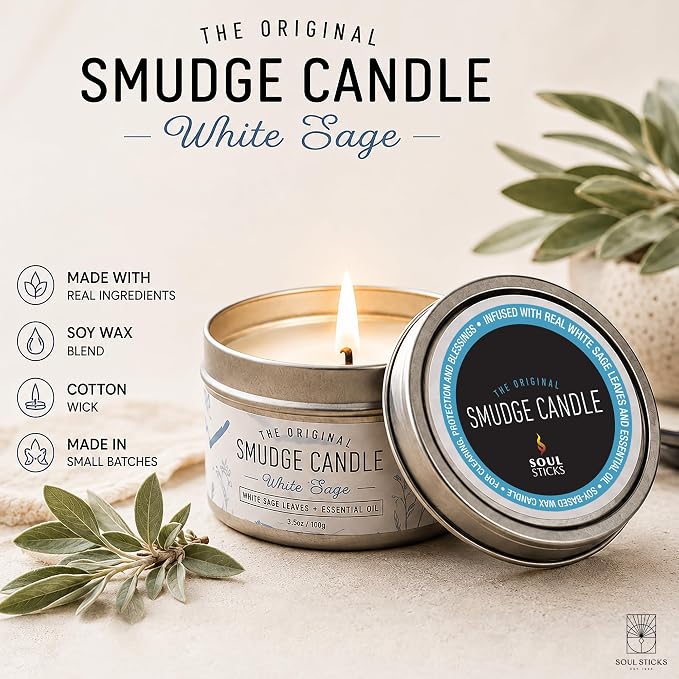 SOUL STICKS Smudge Candle for Cleansing House, Meditation, Chakra Healing, Aromatherapy | 3.5 Ounce Smudge Candle for Spiritual Cleansing (White Sage)
