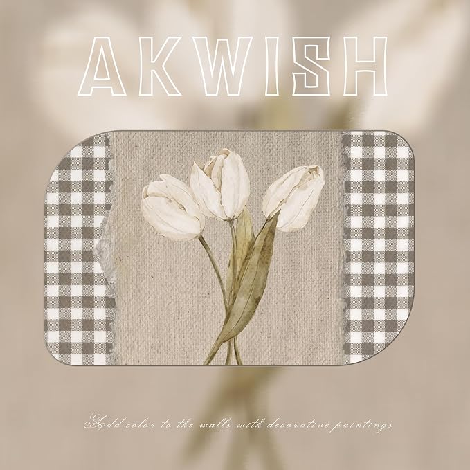 Vintage White Tulips Framed Canvas Wall Art – Brown Gingham Botanical Painting Print, Rustic Farmhouse Floral Picture for Living Room Bedroom Nursery Office Home Decor 24x16 inch