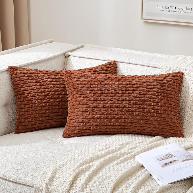MIULEE Lumbar Fall Decorative Throw Pillow Covers 12x20 Burnt Corduroy | Terracotta Textured Striped Pack of 2 Striped Pillow Covers Modern Farmhouse Autumn Home Decor for Couch Bed Sofa Living Room