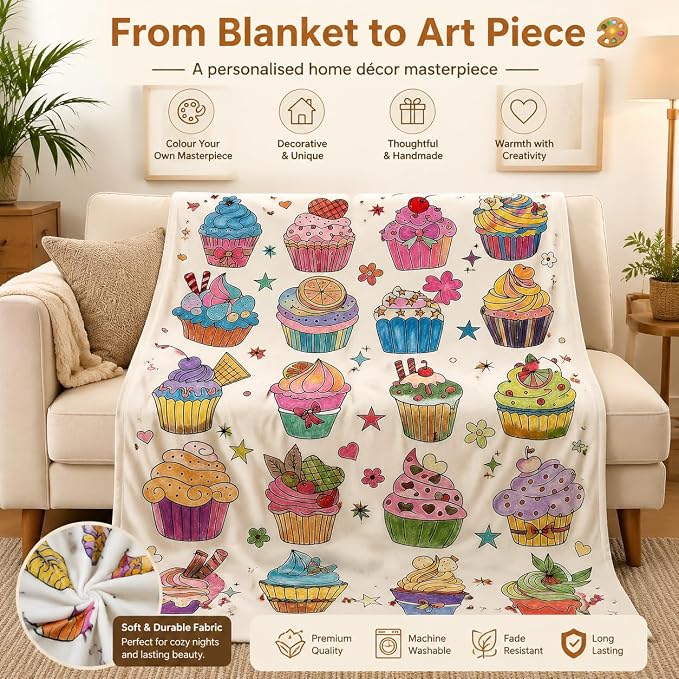VEELU DIY Cupcake Coloring Blankets with 24 Colors Markers for Adults | Color In Your Own Blankets With 24 Colors Markers, Snuggle Color Sketch Washable Blankets Kit Home Decor
