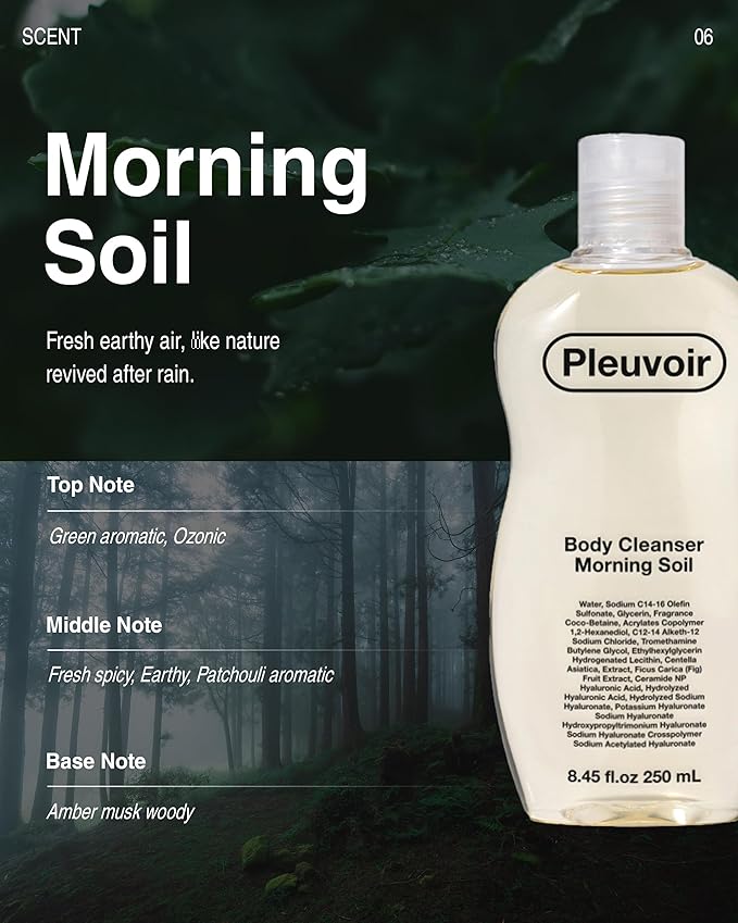 Pleuvoir Body Cleanser Morning Soil (Petrichor) - Perfume Body Wash - Fresh Earthy Rain Ozonic Green Scent - Rich Moisturizing Foam with 8 Types Hyaluronic Acid Ceramides - Vegan K-Beauty, 8.45 fl.oz