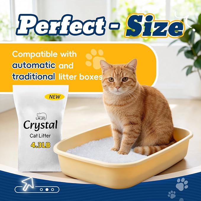 LMJP Crystal Cat Litter for Long-Lasting Odor Control, Non-Clumping, 8.6lb | 2 Months Supply, Unscented, Rapid Water Absorption, Low Tracking, Low Dust, Lightweight White Silica, 2 Pack of 4.3lb