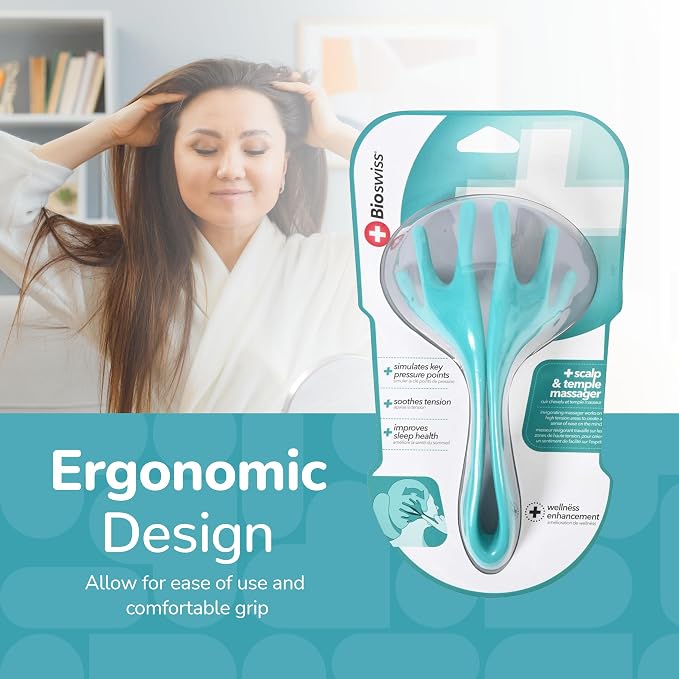 BioSwiss Head Massager, Handheld Scalp and Temple Tingler and Scratcher, Relaxing Hair and Head Stimulation Tool
