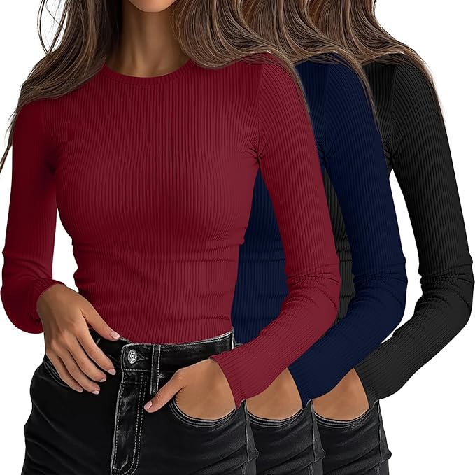 Ficerd 3 Pack Women's Ribbed Long Sleeve Tops, Crew Neck Slim Fit Undershirts Knit Basic Casual Stretch Layering Tee Shirts