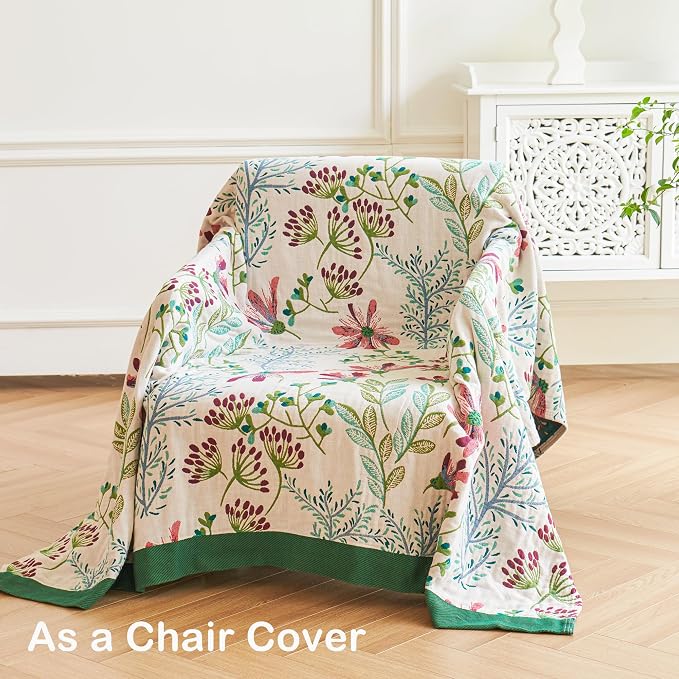 VANJOROY Boho Throw Blanket, 100% Organic Cotton Breathable Ultra Soft 50" x 60" Bed Quilt Throw - All Season Floral Rustic Farmhouse Decor Luxury Reversible Blanket for Sofa Couch Chair and Gift
