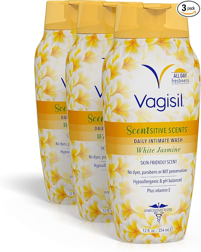 Vagisil Feminine Wash for Intimate Area Hygiene, Scentsitive Scents, pH Balanced and Gynecologist Tested, White Jasmine, 12 oz (Pack of 3)