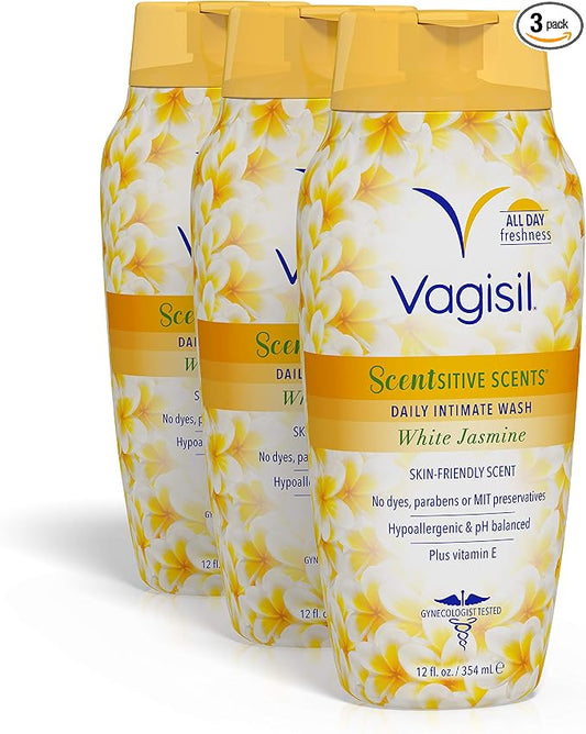 Vagisil Feminine Wash for Intimate Area Hygiene, Scentsitive Scents, pH Balanced and Gynecologist Tested, White Jasmine, 12 oz (Pack of 3)