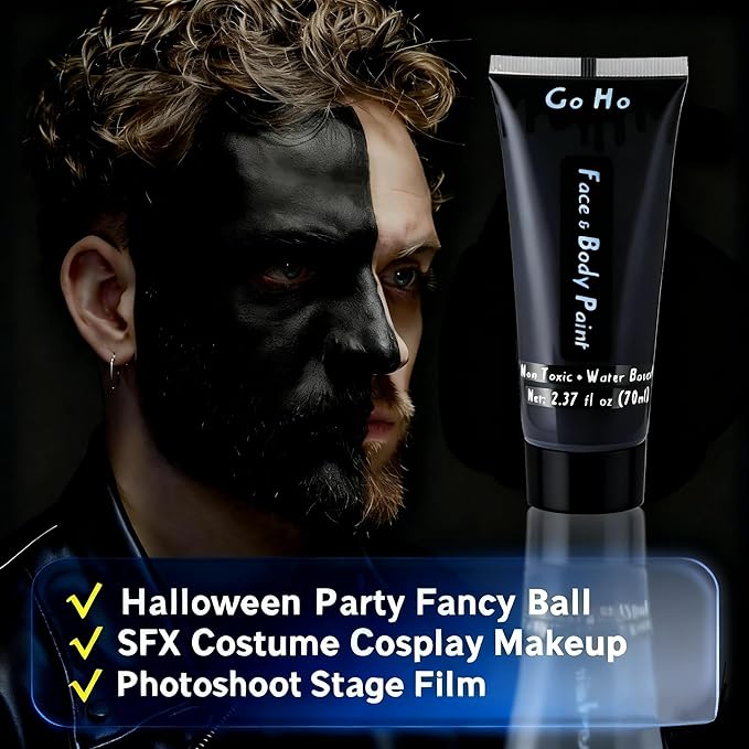 Go Ho Black Face Body Paint Washable(2.37oz/pc),Water Based Cream Face Paint,Vampire Skeleton Zombie Clown Makeup,Black Body Paint for SFX Cosplay Costumes Festivals Halloween Makeup