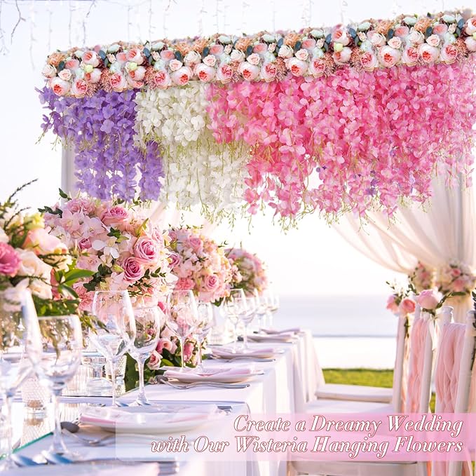 12 Pack Wisteria Hanging Flowers, 3.6 Feet White & Pink & Purple Wisteria Artificial Flowers, Hanging Flowers for Wedding Decoration, Vines for Bedroom Home Wall Decor