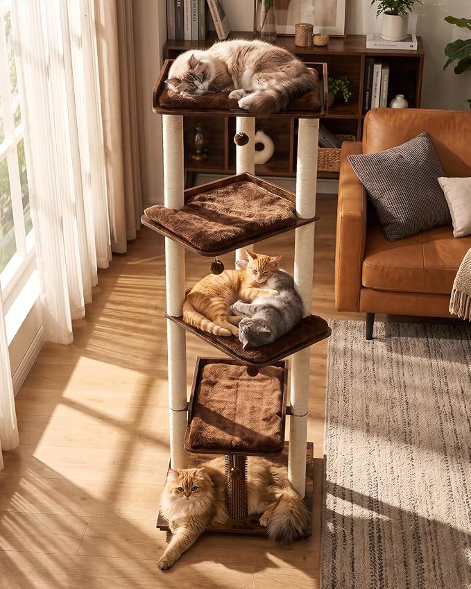 FourFurPets Heavy Duty Cat Tree, 67.7" Cat Tree for Indoor Cats Large Adult, Modern Cat Tower for Large Cats, Cat Tower with Scratching Post, Large Perch and Removable Pads, Rustic Brown