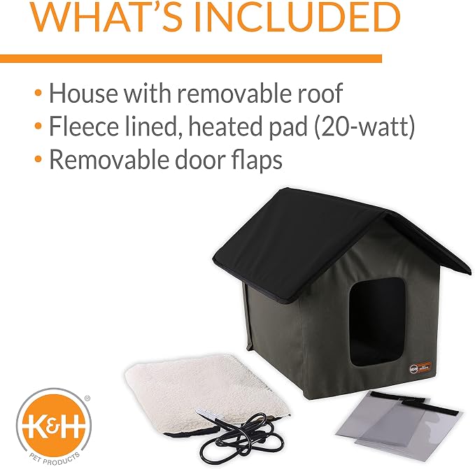 K&H Heated Cat House, Outdoor Kitty Shelter, Safety Listed, Olive/Black | Heated Cat House for Outside, Weatherproof Shelter for Ferals, Insulated with Smart Thermostat, 2 Doors, Waterproof Bed, 20W