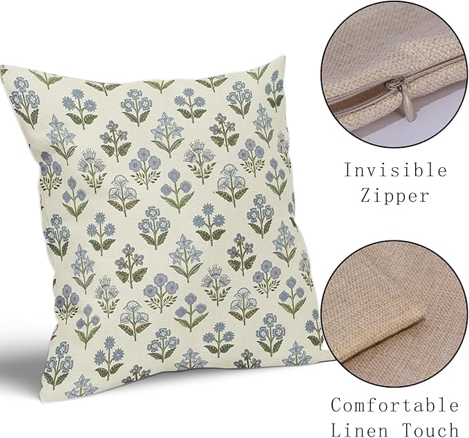 Blue Green Block Print Pillow Covers 16x16 Inch Set of 2, Vintage Floral Spring Decorative Throw Pillow Cases Boho Cushion Covers Rustic Decoration Gift Farmhouse Sofa Couch Bed Decor