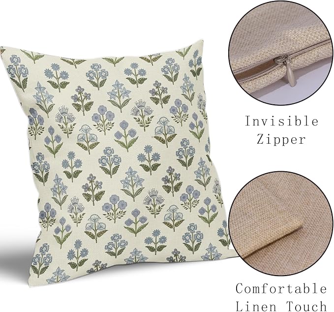 Blue Green Block Print Pillow Covers 18x18 Inch Set of 2, Vintage Floral Spring Decorative Throw Pillow Cases Boho Cushion Covers Rustic Decoration Gift Farmhouse Sofa Couch Bed Decor
