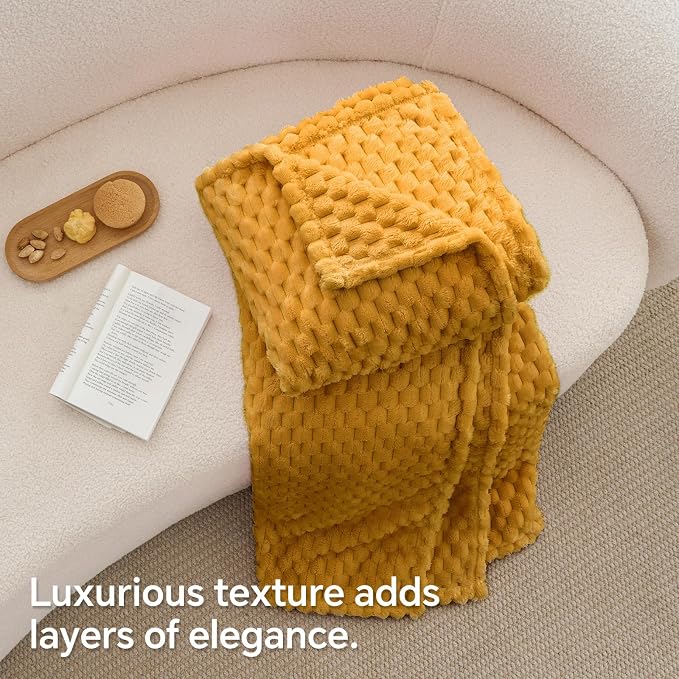 BEDELITE Mustard Yellow Twin Blanket for Couch, Soft Cozy Gifts for Women | 3D Jacquard Decorative Fleece Blanket, Super Soft Plush Throws, Cute Birthday Gift for Women, Suitable for All Seasons, 60*80