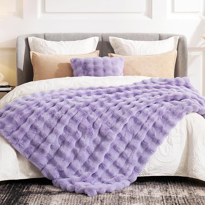 Cozy Bliss Faux Fur Throw Blanket for Couch, Fuzzy Soft Plush Thick Bubble Blanket for Sofa Bedroom Living Room, 60 * 80 Inches Lavender Purple
