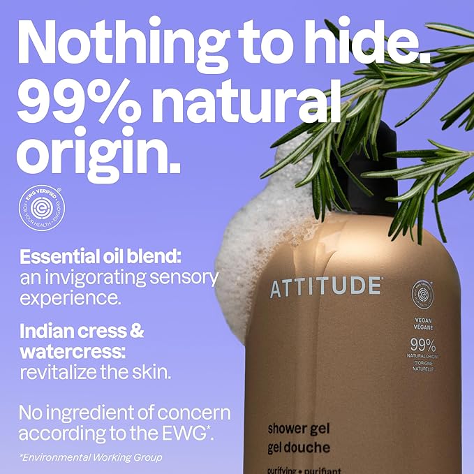 ATTITUDE Body Wash with Essential Oils, Moisturizing Shower Gel, Gentle Daily Cleanser, EWG Verified, Vegan Clean Beauty Skin Care, Sage & Rosemary, 15 Fl Oz