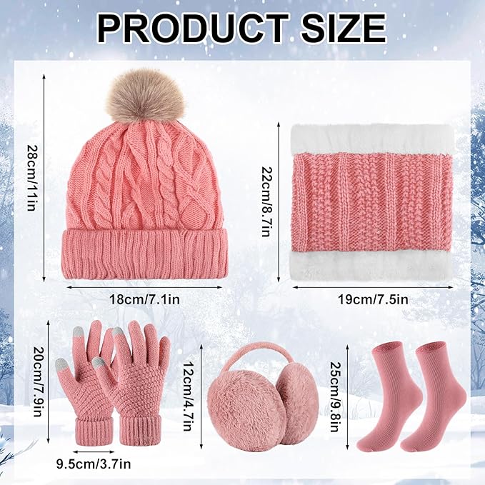 SATINIOR 5 Pcs Winter Hat Scarf Gloves Set Fleece Warm Lined Knit Beanie Hat Touch Screen Earmuff Gloves Warmer for Women(Pink,Rhombus Pattern)