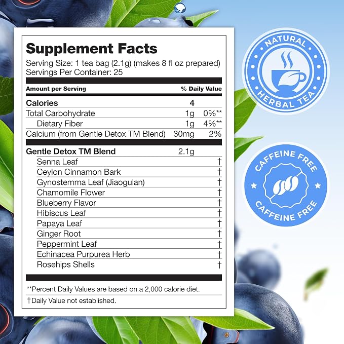 Total Tea SIimming Detox Tea Caffeine Free - 25 Day Detox - Herbal Tea with Chamomile, Hibiscus Tea & Ginger Root for Colon Cleanse – Natural Bluebberry Fruit Tea