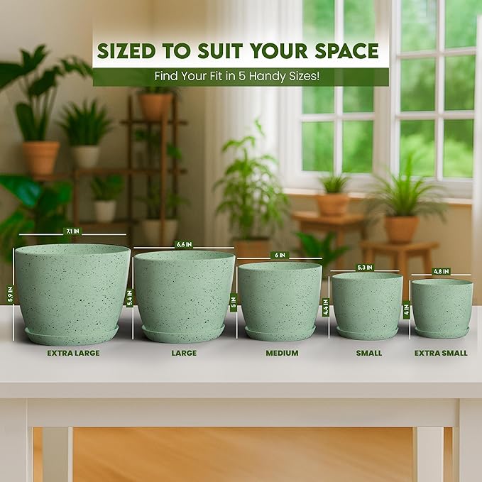 Plant Pots Indoor with Drainage 5 Pack Multi-Size Planters Set Spotty Mint | Drainage holes included Multiple sizes 7/6.6/6/5.3/4.8 In Indoor plants and flowers Durable plastic construction
