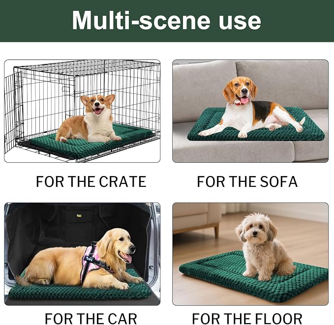 Dog Bed Crate Mat, Soft Durable Washable Anti-Slip Kennel Pad for Dogs & Cats, Reversible (Dark Green, M(30"*20"*1.5"))