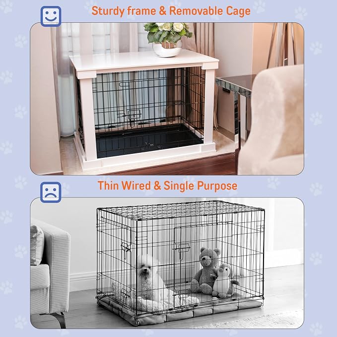 Zoovilla Small Slide Aside Dog Crate and End Table Furniture Indoor Use, Dog Kennel with Sturdy Wooden Material with Sliding Door, Decorative Wooden Pet Crate and End Table, for Small Dogs, White