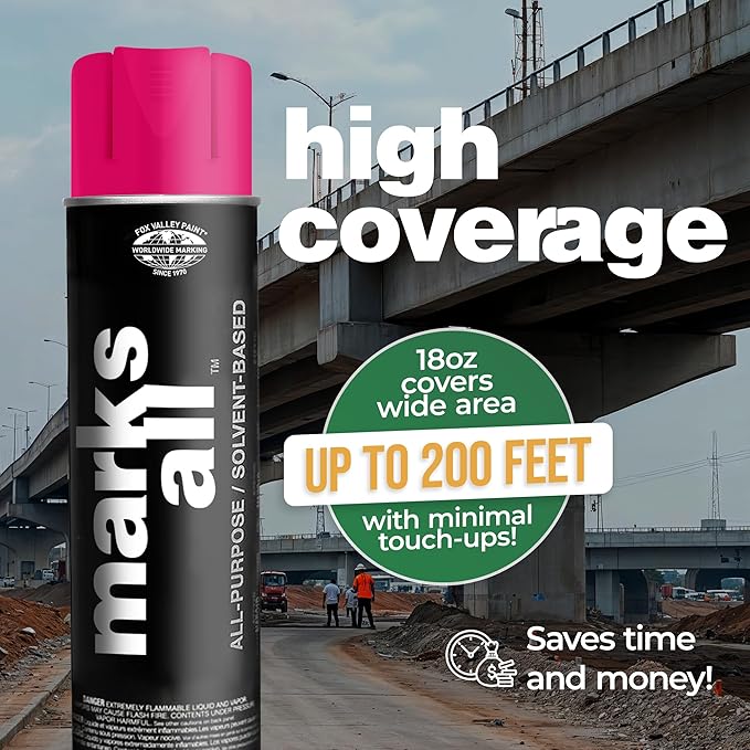 Fox Valley 18oz Marks All Solvent-Based Marking Paint Spray, 12-Pack Pink Fluorescent – Long-Lasting, Weather-Resistant Spray Paint for Wet or Dry Surfaces Like Metal, Grass, Concrete, Wood, & More