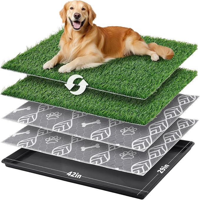 LOOBANI Large Dog Grass Pad with Tray - 45x29in for Balcony Apartment | Dog Potty with 2 Artificial Grass & 2 Washable Pee Pads for Replacement, Quick-Absorbency, Easy to Clean, Indoor/Outdoor Use