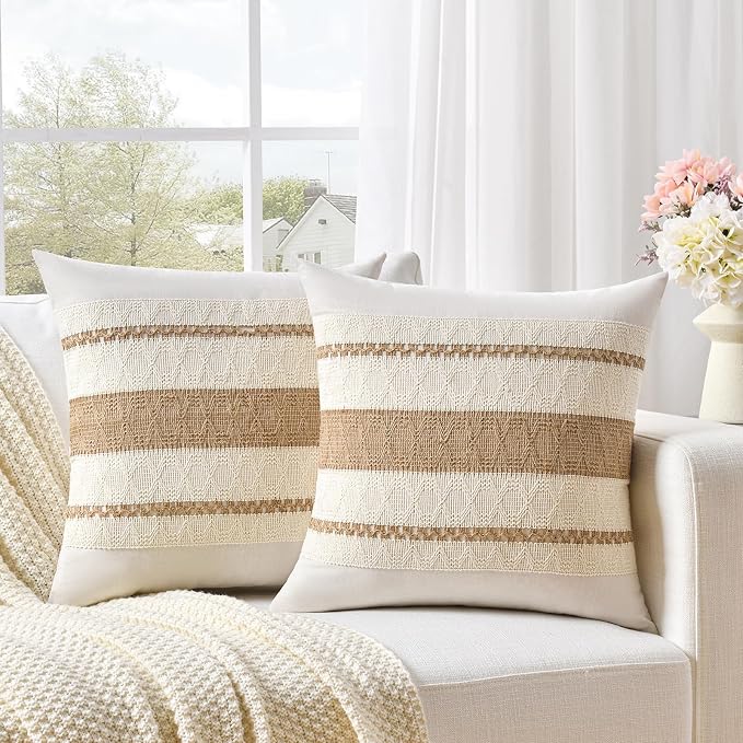 Fancy Homi Set of 2 Boho Neutral Euro Decorative Throw Pillow Cover 26x26 Inch for Couch Bed Bedroom, Aesthetic Modern Organic Farmhouse Room Decor, Soft Cotton Accent Macrame Woven Tan Cushion Case