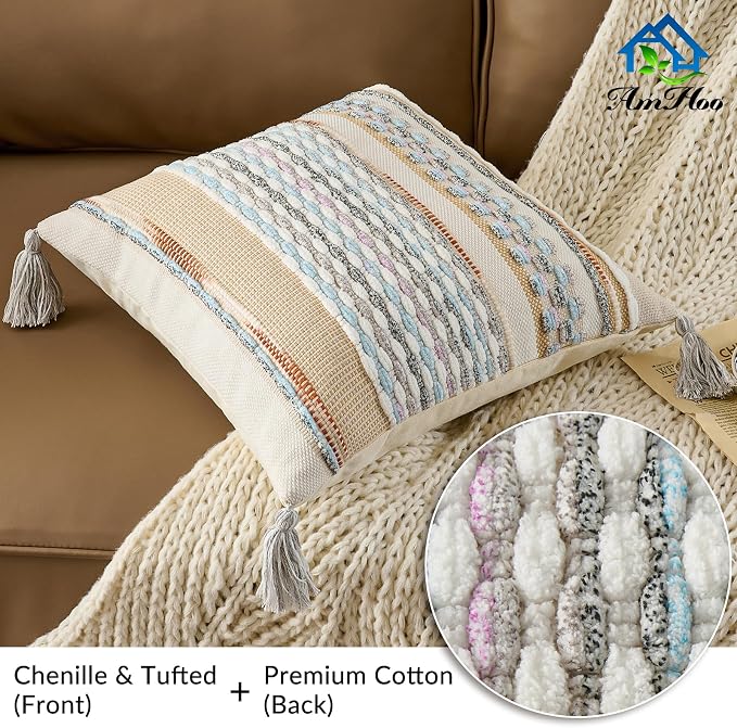 Set of 2 Chenille Striped Textured Boho Throw Pillow Covers Aesthetic with Tassels Woven Decorative Pillow Case for Couch Bed Sofa Bedroom Modern Funky 18 x 18-Inch White Multicolor