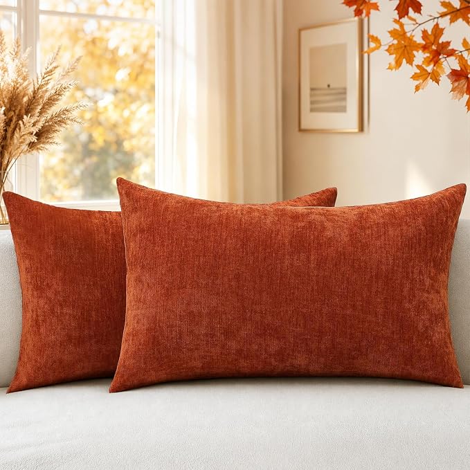 decorUhome Soft Chenille Rust Throw Pillow Covers 12X20 Set of 2 | Decorative Fall Couch Pillow Covers Solid Dyed Accent Modern Farmhouse Neutral Rectangle Pillow Cases for Sofa