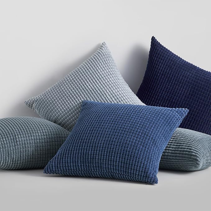 Topfinel 4 Packs Blue Decorative Throw Pillow Covers 16x16 Inch for Living Room Couch Bed Sofa, Boho Western Farmhouse Home Decor, Square Soft Moss Corduroy Fall Cushion Case 40x40 cm