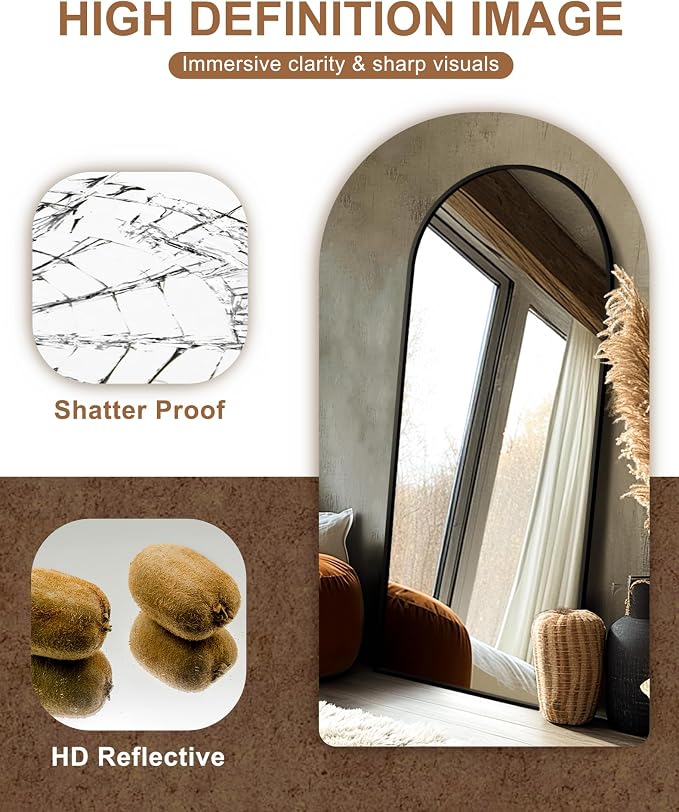 Arched Full Length Mirror with Stand, 70x30 Black Floor Mirror | Aluminium alloy frame with HD float glass for distortion-free reflection. Free standing or wall mounted.