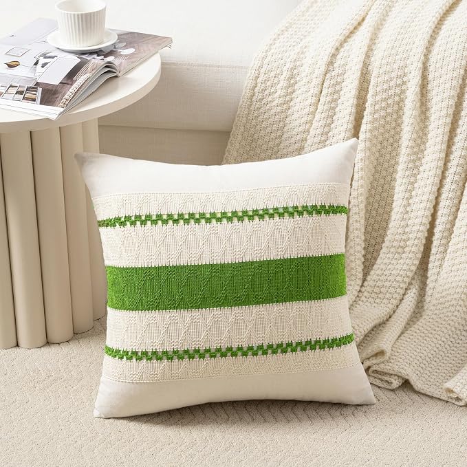Fancy Homi Set of 2 Boho Lime Green Decorative Throw Pillow Cover 20x20 Inch for Couch Bed Sofa, Aesthetic Modern Organic Farmhouse Home Decor, Soft Cotton Cute Accent Macrame Woven Cushion Case